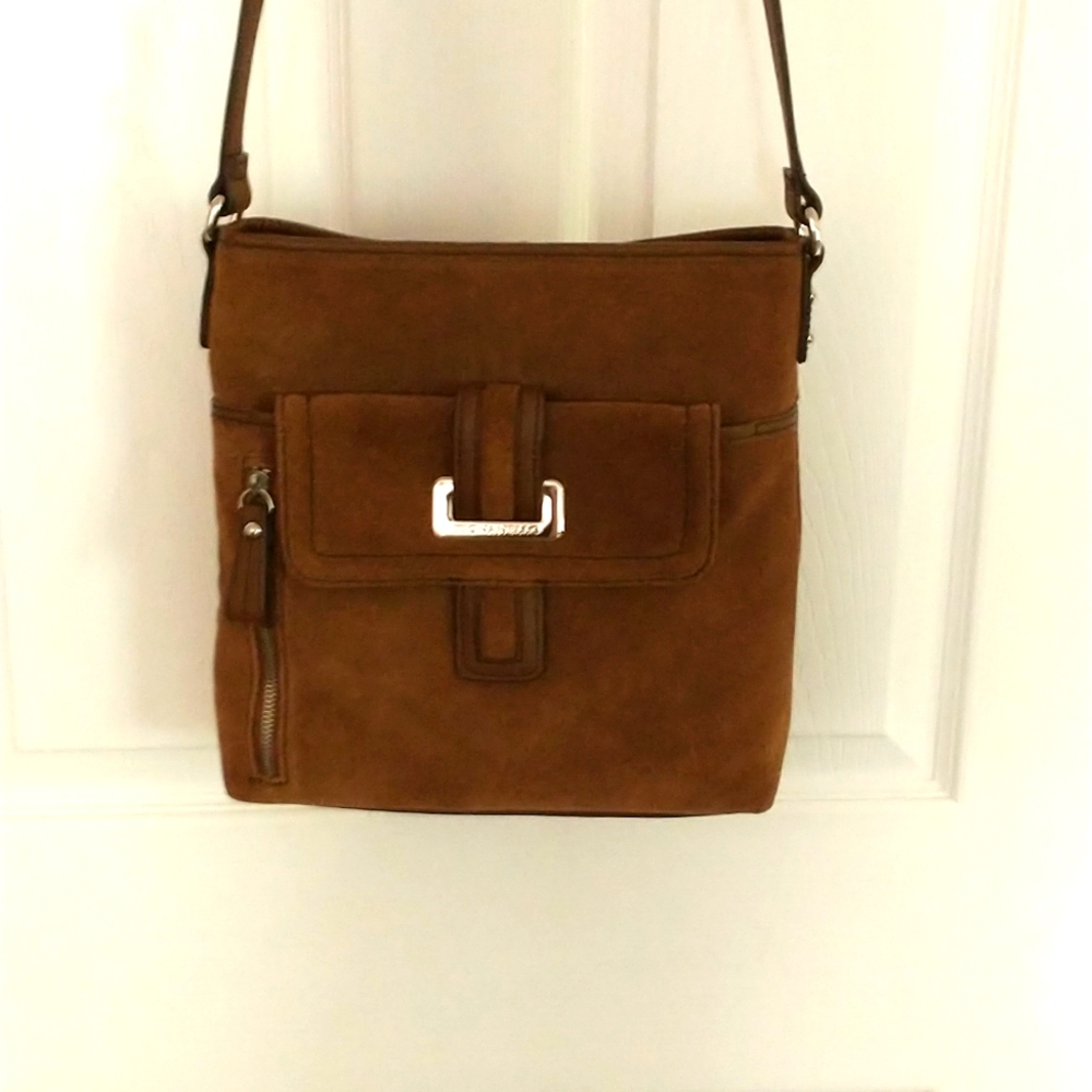 Brown suede crossbody bag.
